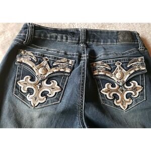 Love Indigo 28 X 29.5L Stretch Bootcut Leather Rhinestone Jeans Sz 6 Women's EUC